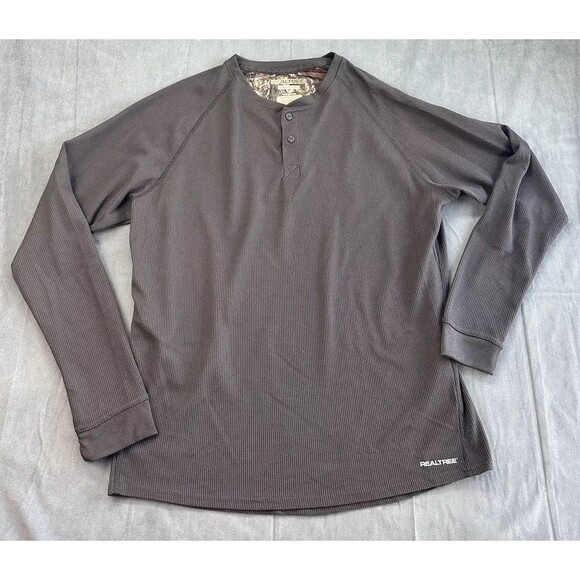 Real Tree Mens Large Gray Thermal Long Sleeve 2 Button Henley Shirt Hunting - Picture 1 of 7
